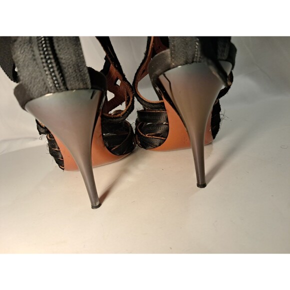 LANVIN Size 37.5 EU/7 US  Black Satin Strappy 3.75" Stiletto Sandals Ribbon Bow - Picture 9 of 12